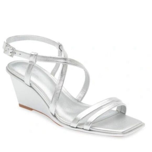 Caslon‎ Sandals Womens Size 9 Silver Leather Paola Open Square Toe Wedges - Picture 1 of 10